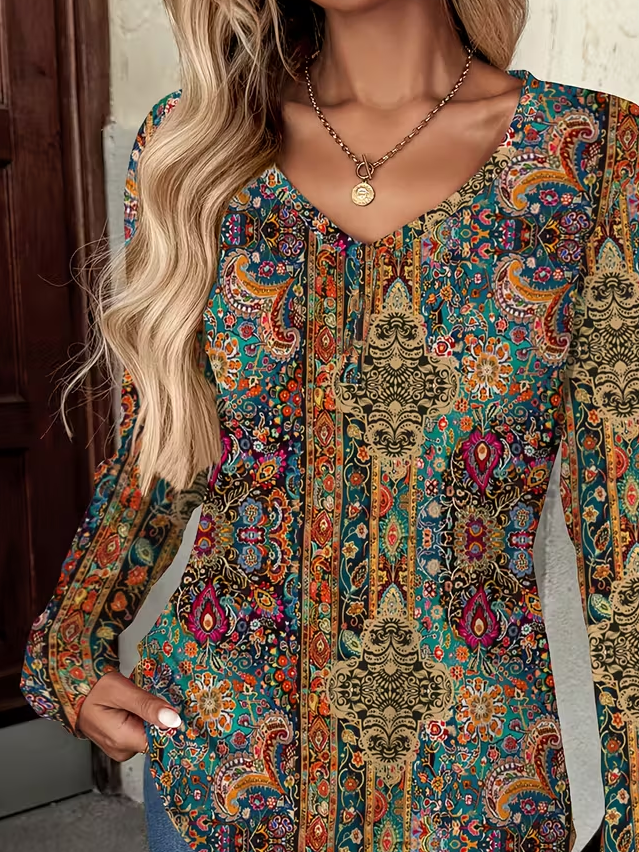 Casual Floral V Neck Long Sleeve T-shirt