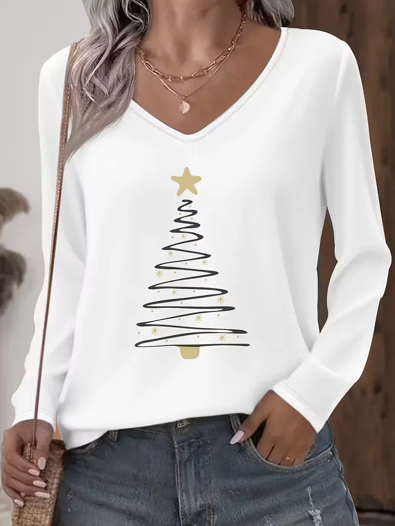 Casual Christmas V Neck Long Sleeve T-shirt