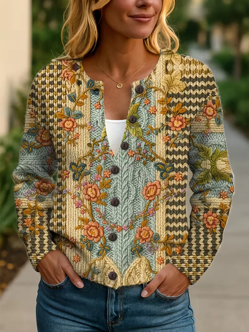 Women Floral Long Sleeve Comfy Vintage Printing Cardigan