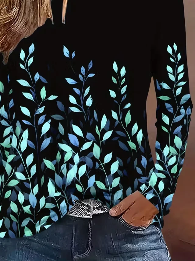 Casual Leaf Crew Neck Long Sleeve T-shirt