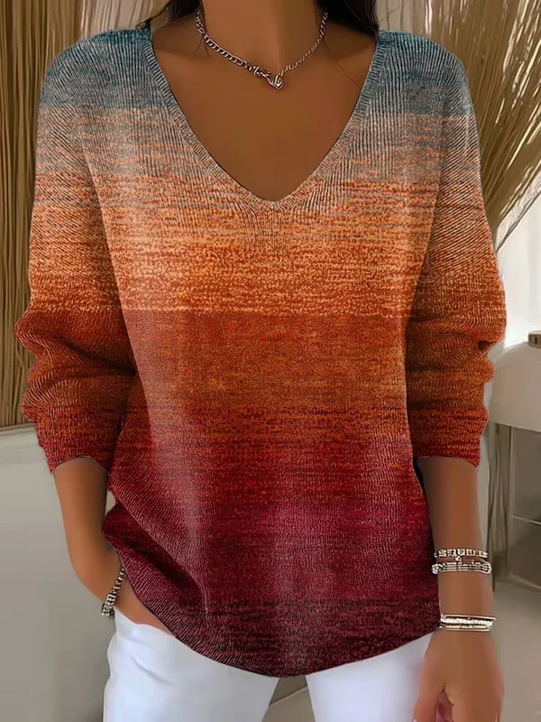 Casual Abstract V Neck Long Sleeve T-shirt