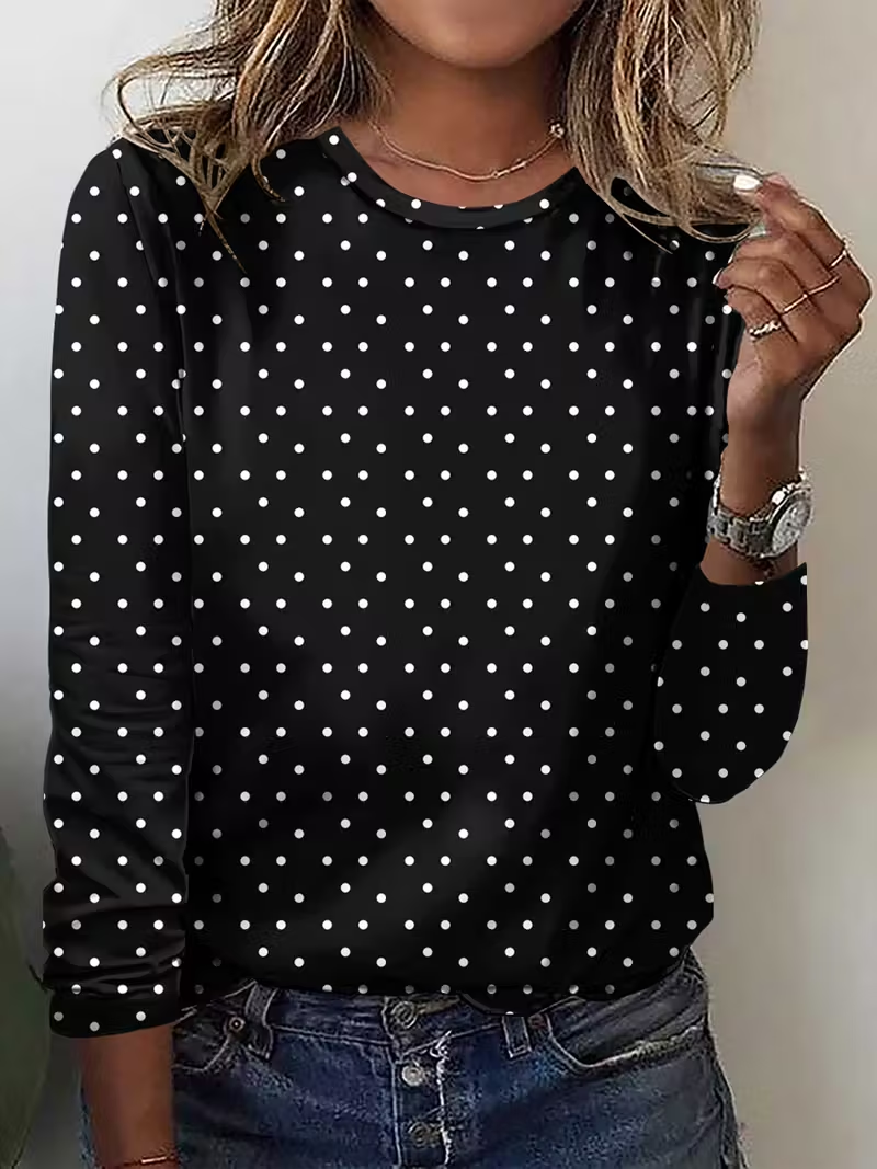Casual Polka Dots Crew Neck Long Sleeve T-shirt
