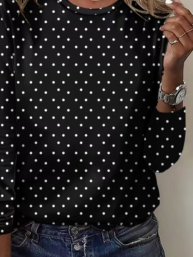 Casual Polka Dots Crew Neck Long Sleeve T-shirt