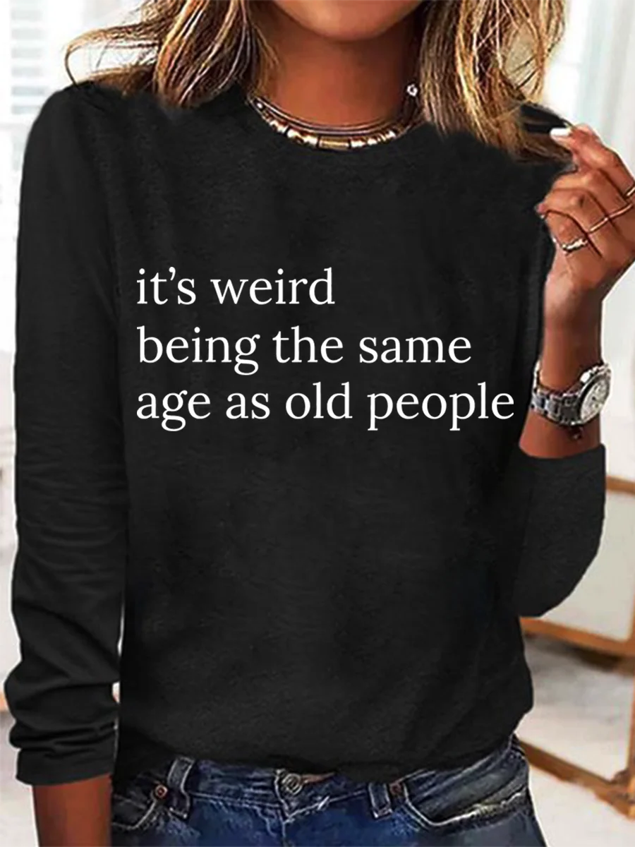 Crew Neck Long Sleeve Text Letters Regular Medium Elasticity Loose Blouse For Women