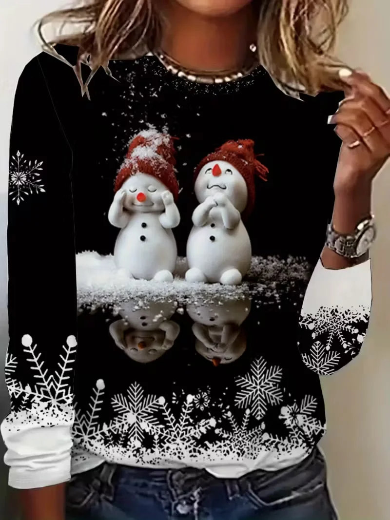 Casual Christmas Snowman Crew Neck Long Sleeve T-shirt