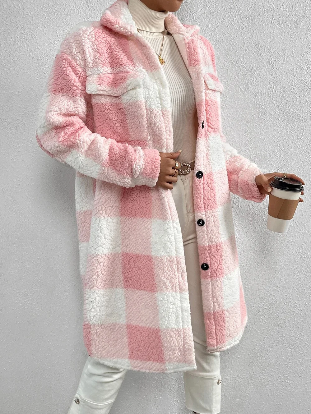 Women Winter Outerwear Casual Printing Plaid Long Sleeve Shawl Collar Jacket