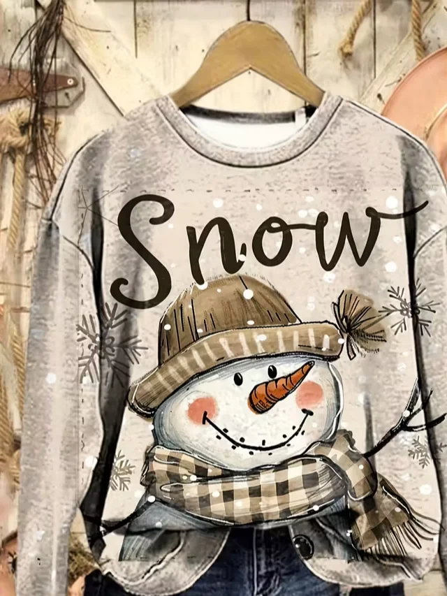 Casual Crew Neck Christmas Snowman Sweatshirt Printing