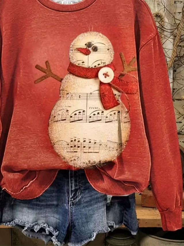 Casual Crew Neck Christmas Snowman Sweatshirt Printing