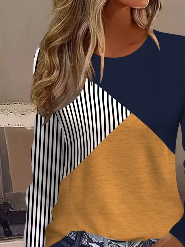 Casual Contrast Stitching Crew Neck Long Sleeve T-shirt