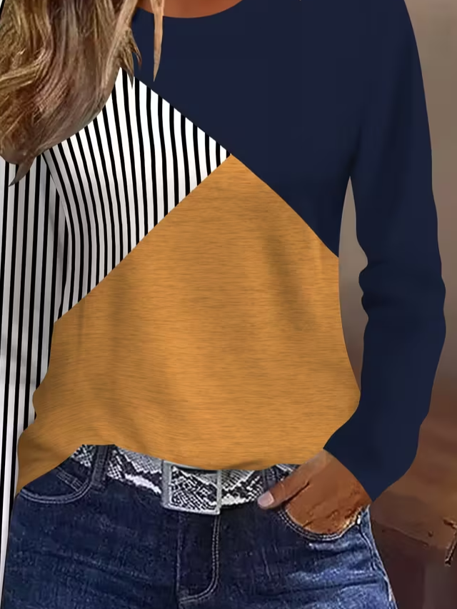 Casual Contrast Stitching Crew Neck Long Sleeve T-shirt