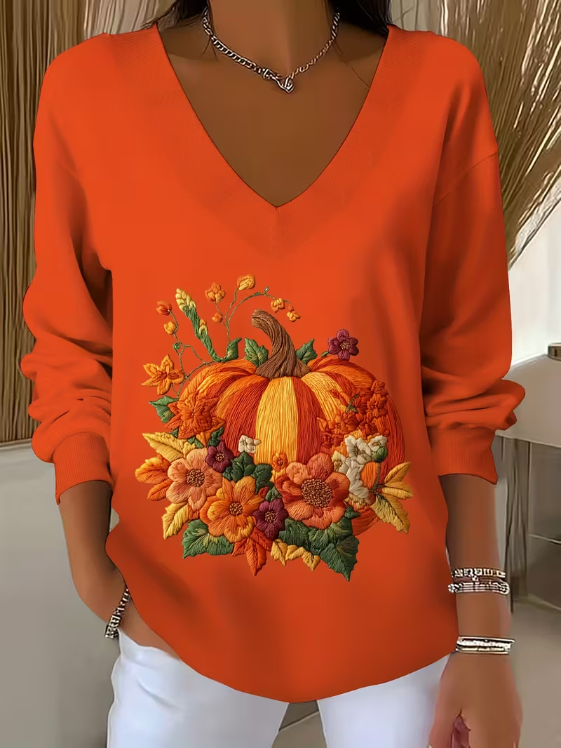 Casual Floral V Neck Long Sleeve T-shirt