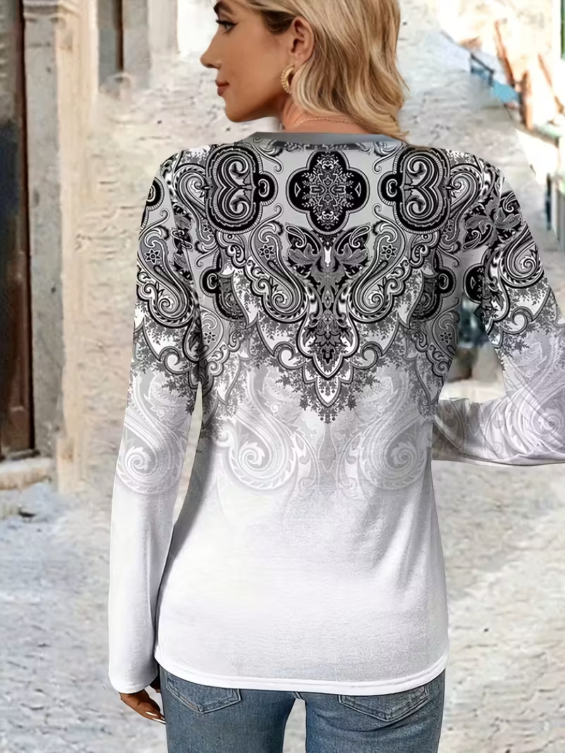 Casual Ethnic V Neck Long Sleeve T-shirt
