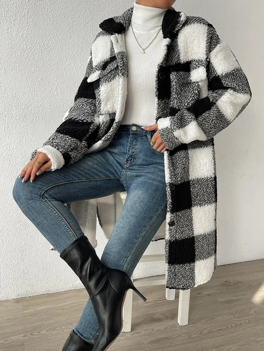 Women Winter Outerwear Casual Printing Plaid Long Sleeve Shawl Collar Jacket