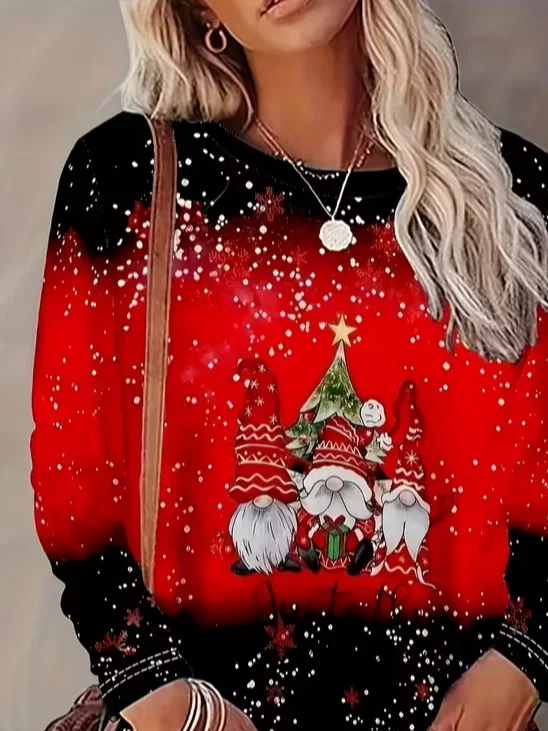 Casual Christmas Crew Neck Long Sleeve T-shirt
