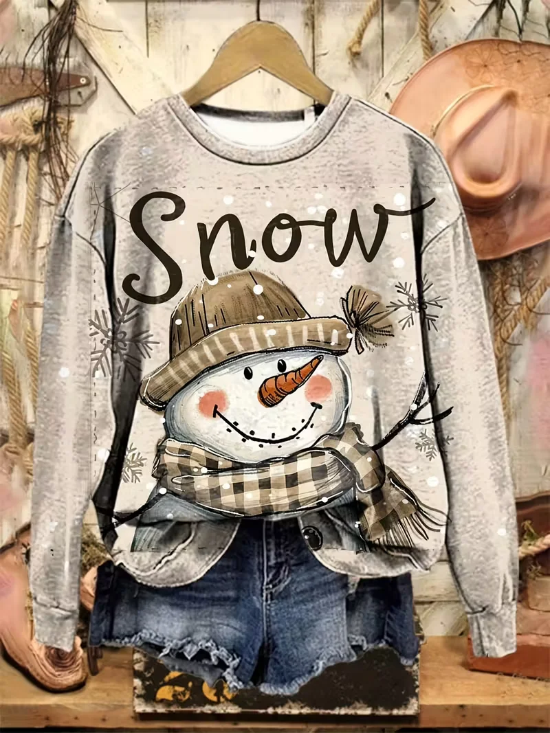 Casual Crew Neck Christmas Snowman Sweatshirt Printing
