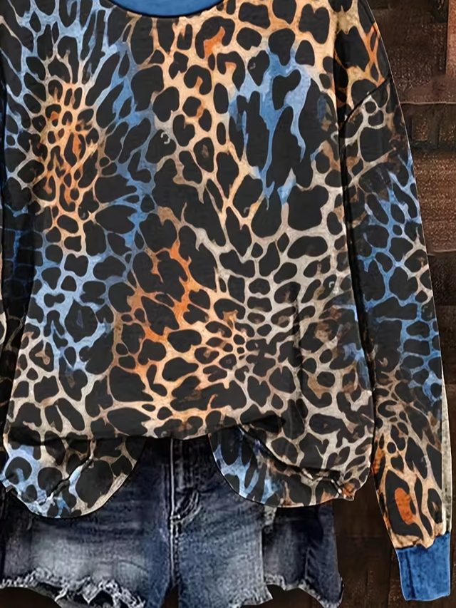 Casual Crew Neck Leopard Sweatshirt Printing