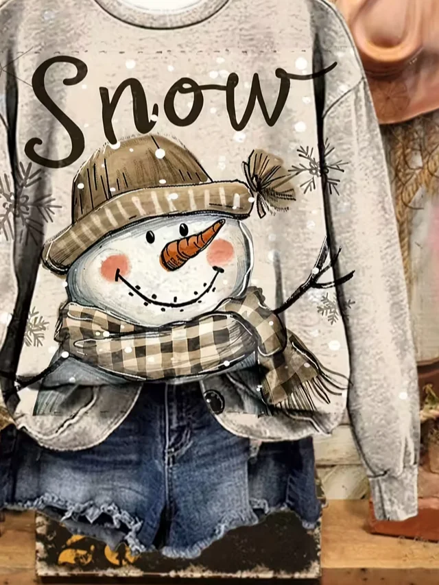 Casual Crew Neck Christmas Snowman Sweatshirt Printing