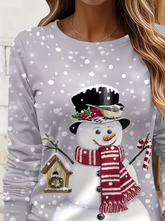 Casual Christmas Snowman Crew Neck Long Sleeve T-shirt
