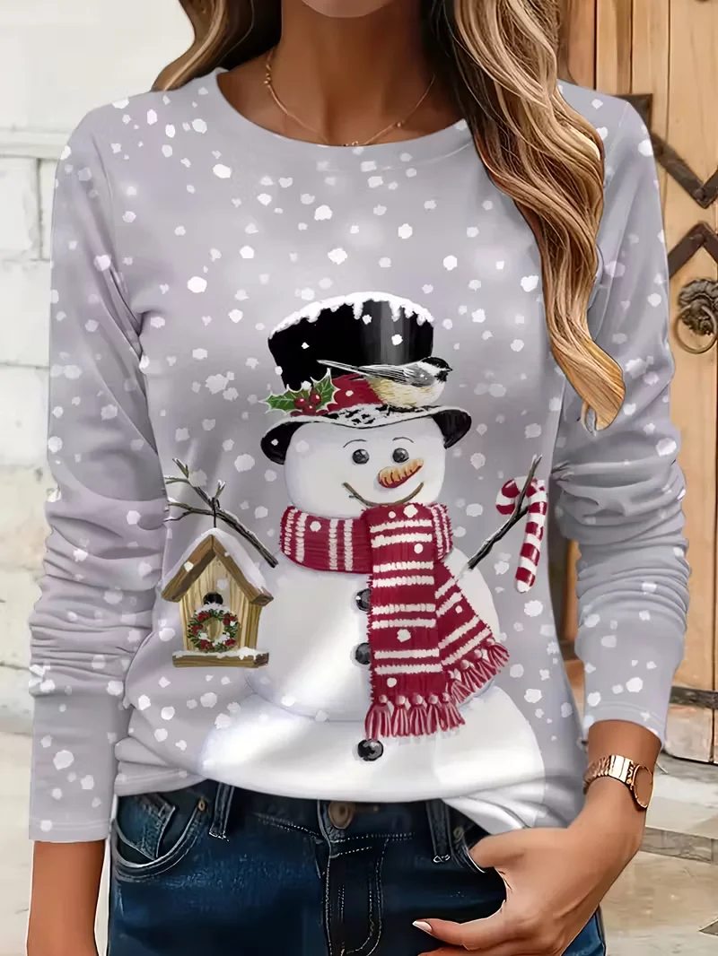 Casual Christmas Snowman Crew Neck Long Sleeve T-shirt