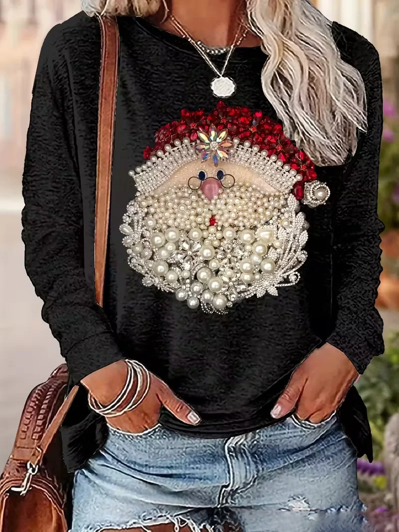 Christmas Casual Santa Claus Print Crew Neck Long Sleeve T-shirt