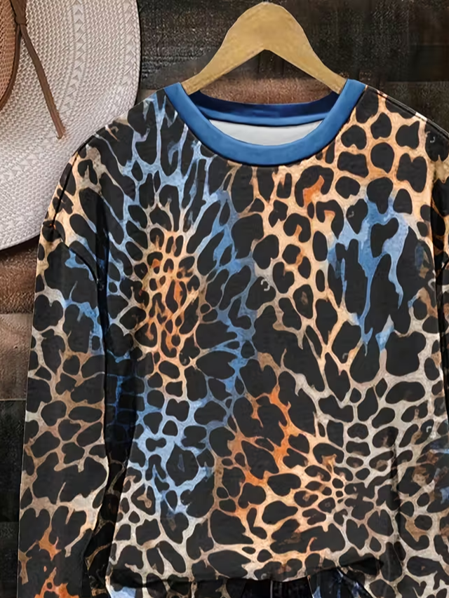 Casual Crew Neck Leopard Sweatshirt Printing