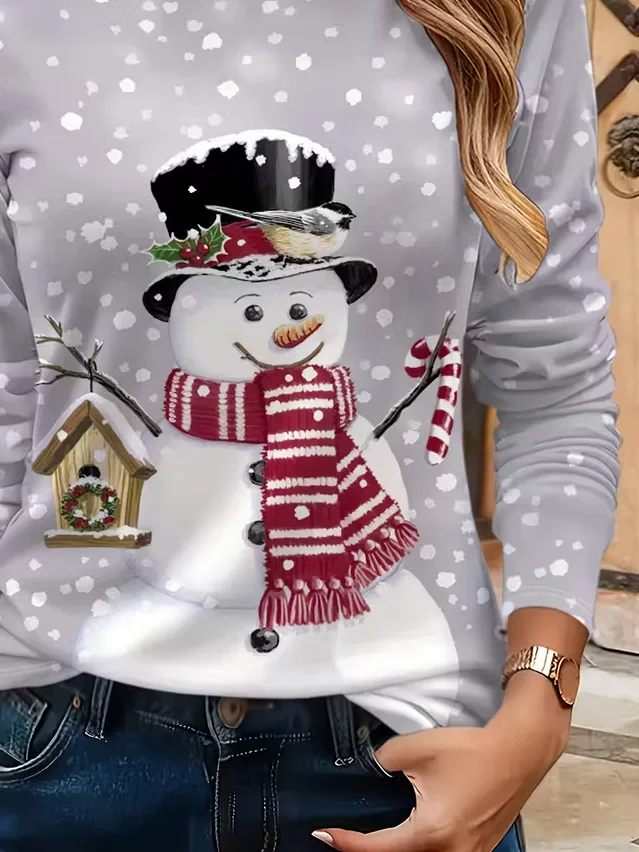 Casual Christmas Snowman Crew Neck Long Sleeve T-shirt