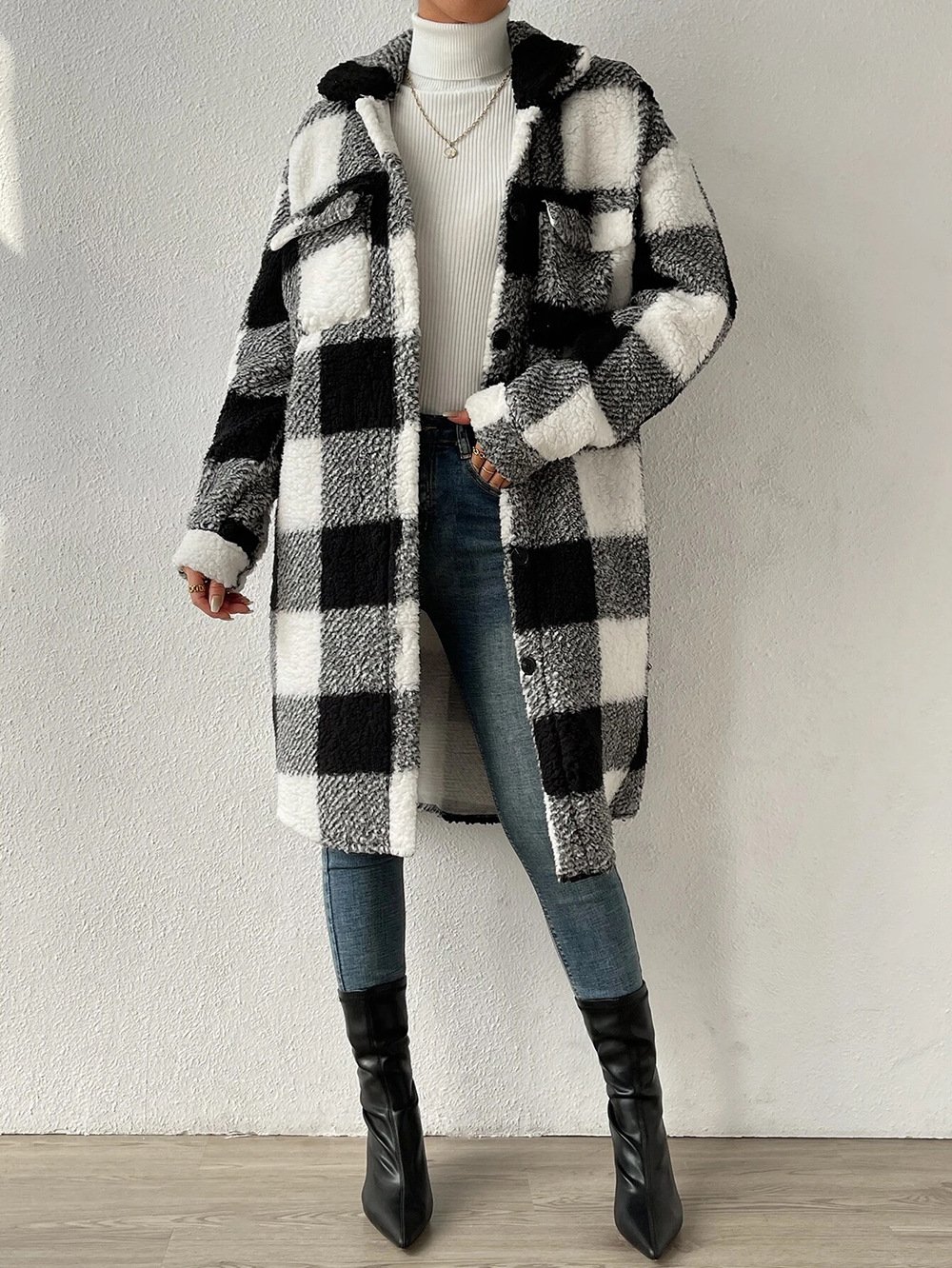 Women Winter Outerwear Casual Printing Plaid Long Sleeve Shawl Collar Jacket