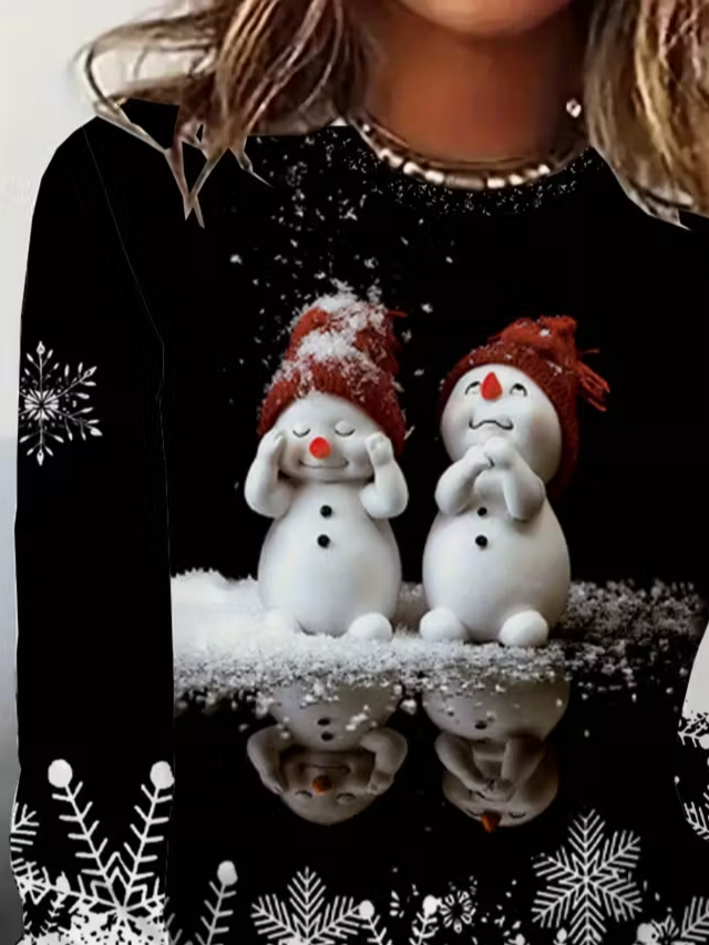 Casual Christmas Snowman Crew Neck Long Sleeve T-shirt