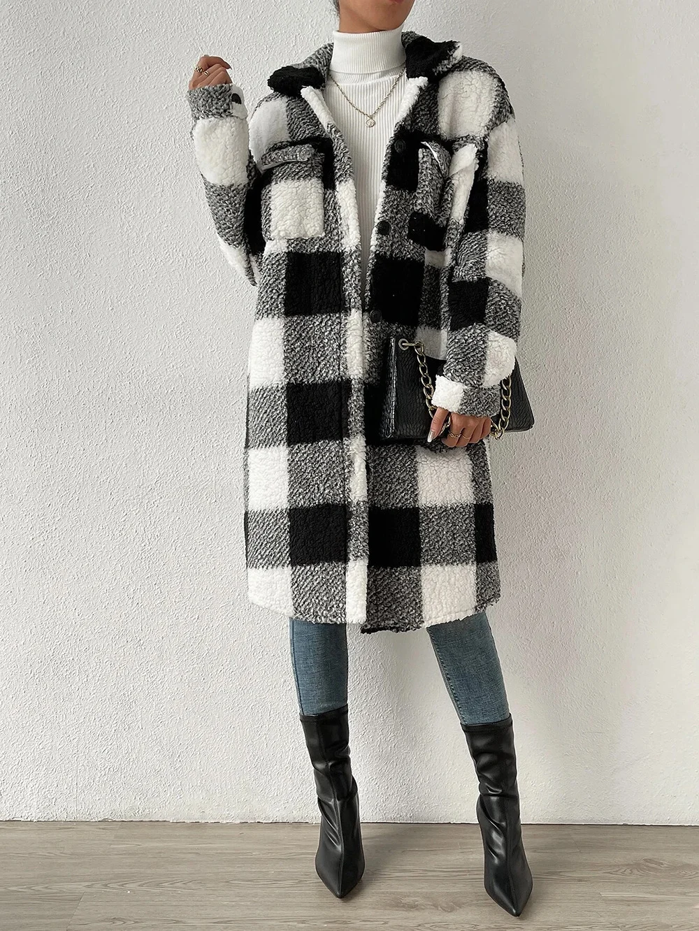 Women Winter Outerwear Casual Printing Plaid Long Sleeve Shawl Collar Jacket