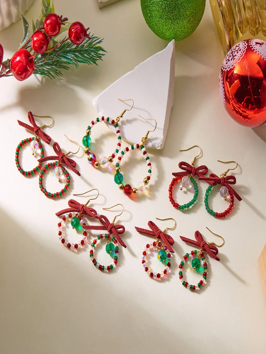 Handmade Christmas Party Millet Bead Earrings Bowknot Fashion Wreath Earrings