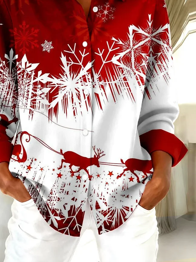 Shirt Collar Regular Sleeve Long Sleeve Christmas Buckle Regular Loose Button Up Shirt Shirt For Women