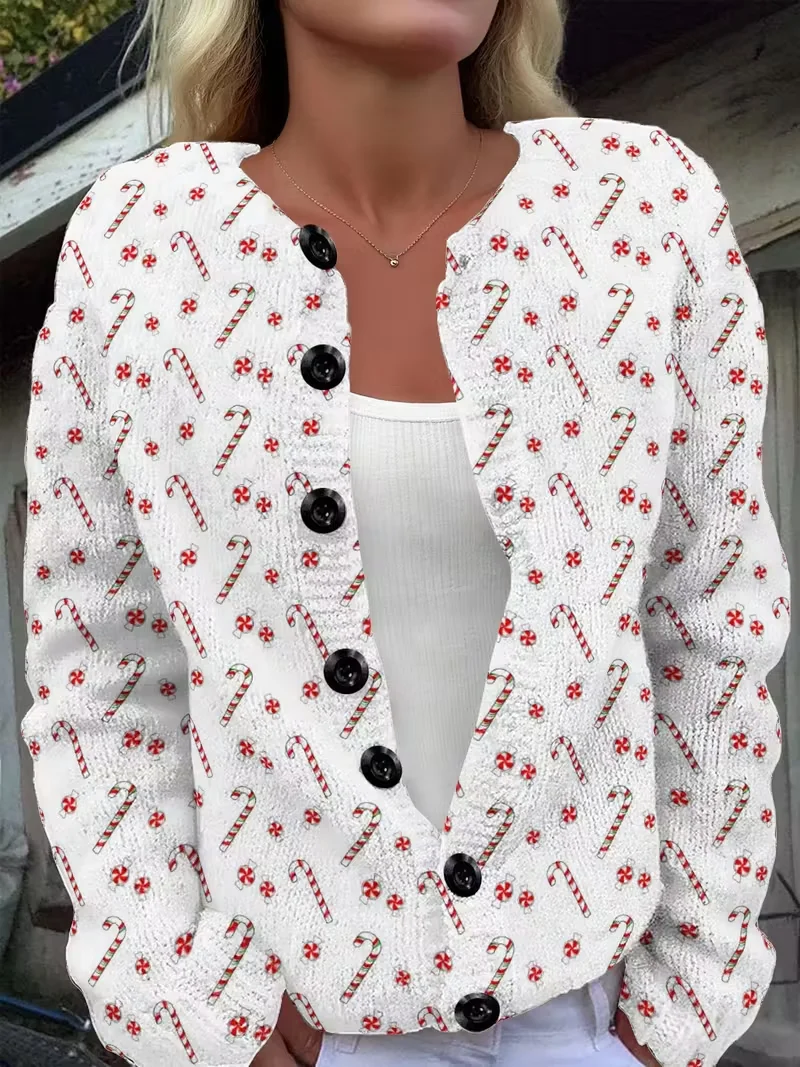 Women Christmas Long Sleeve Comfy Vintage Printing Cardigan