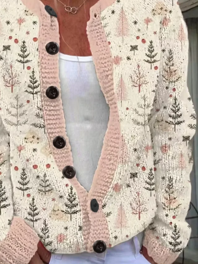 Women Christmas Long Sleeve Comfy Vintage Printing Cardigan
