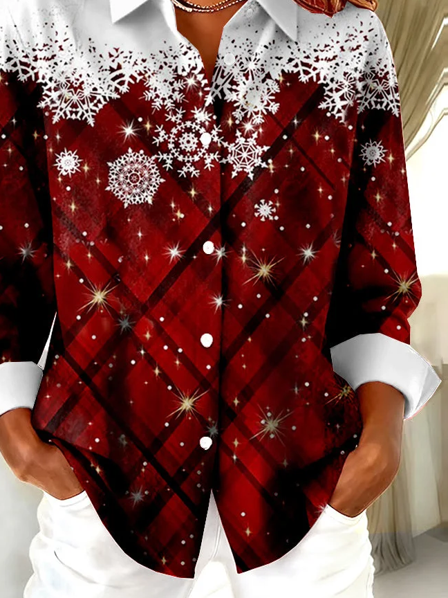 Shirt Collar Regular Sleeve Long Sleeve Christmas Buckle Regular Loose Button Up Shirt Shirt For Women