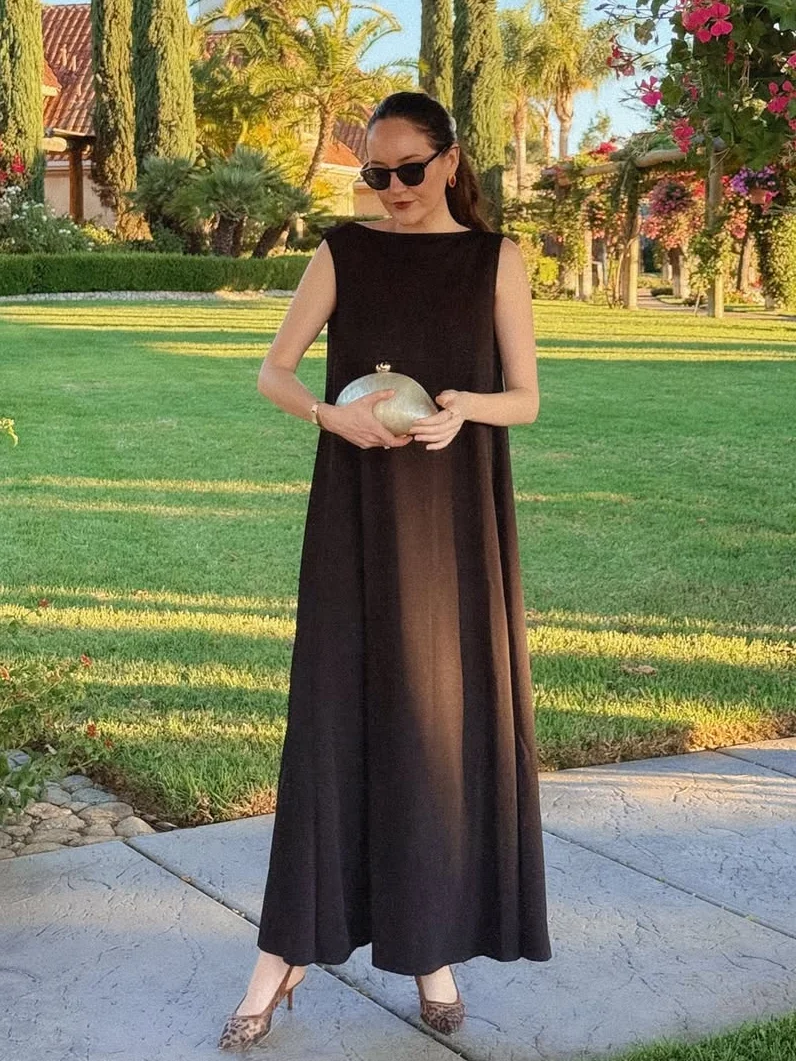 wedding guest dress Vintage Plain Sleeveless Crew Neck Casual Dress