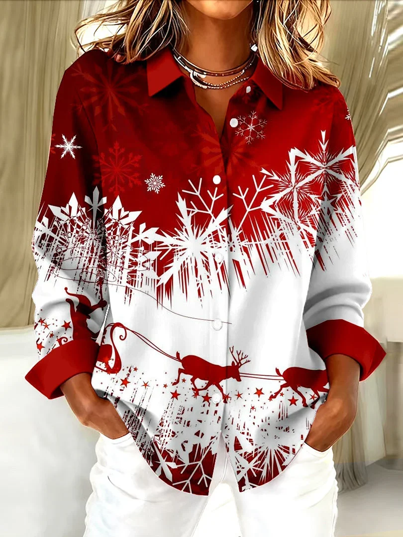 Shirt Collar Regular Sleeve Long Sleeve Christmas Buckle Regular Loose Button Up Shirt Shirt For Women