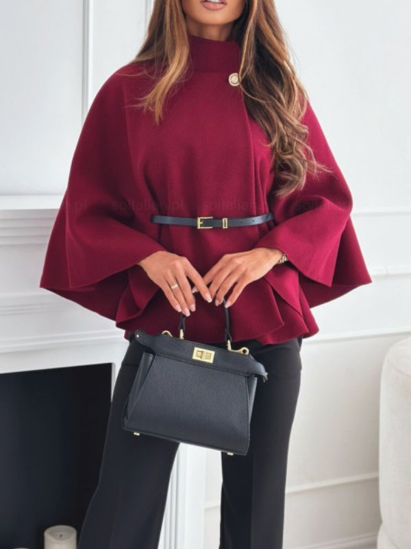 Urban Loose Split Joint Dolman Sleeve Plain Cloak With Belt