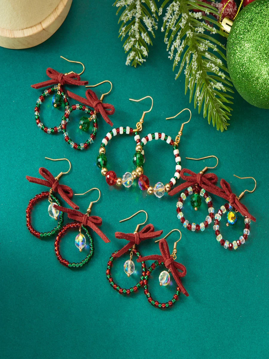 Handmade Christmas Party Millet Bead Earrings Bowknot Fashion Wreath Earrings