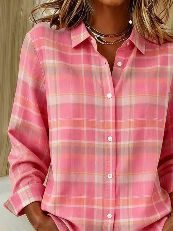 Shirt Collar Regular Sleeve Long Sleeve Plaid Buckle Regular Loose Button Up Shirt Shirt For Women