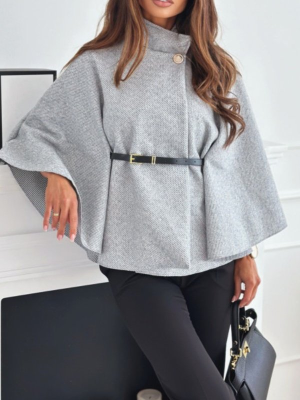 Urban Loose Split Joint Dolman Sleeve Plain Cloak With Belt