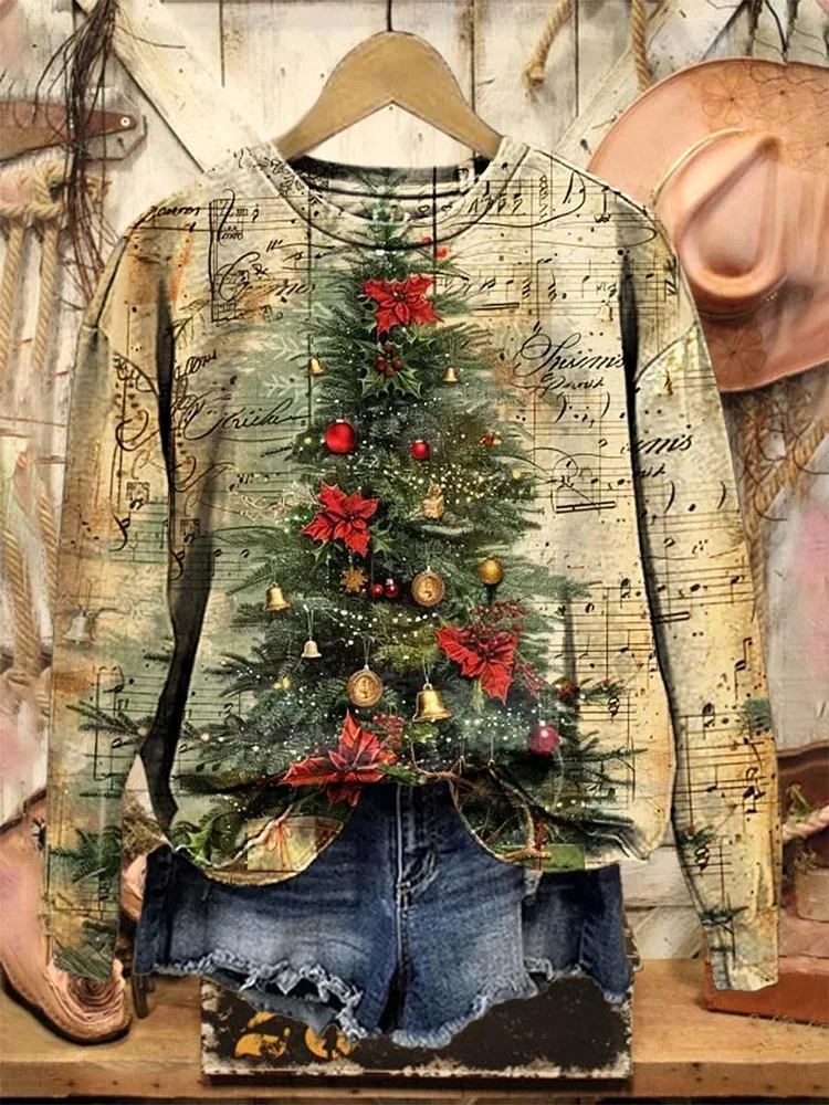 Casual Crew Neck Christmas Sweatshirt Printing