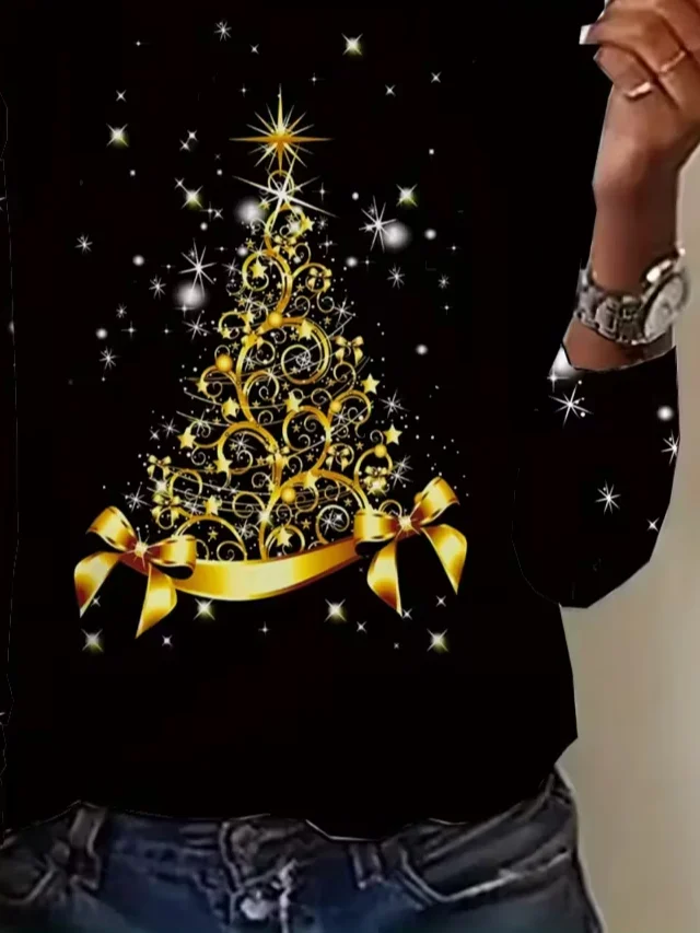 Casual Christmas Crew Neck Long Sleeve T-shirt