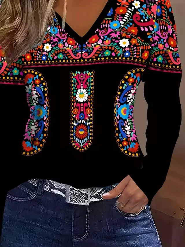 Casual Floral V Neck Long Sleeve T-shirt