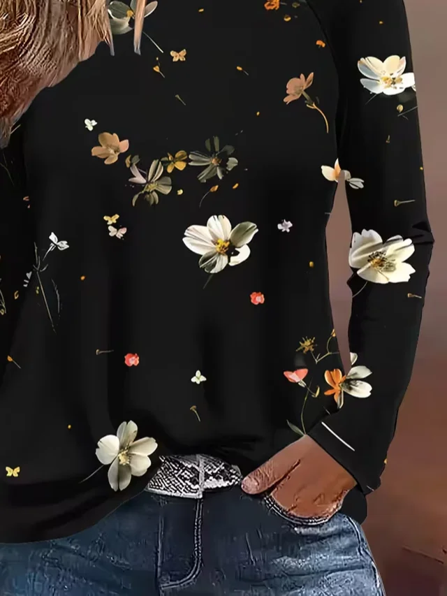 Casual Floral Crew Neck Long Sleeve T-shirt