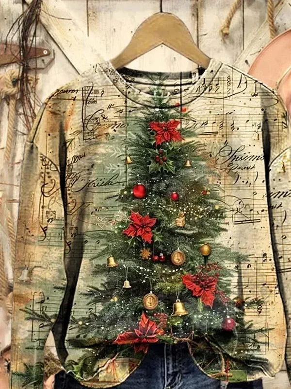 Casual Crew Neck Christmas Sweatshirt Printing