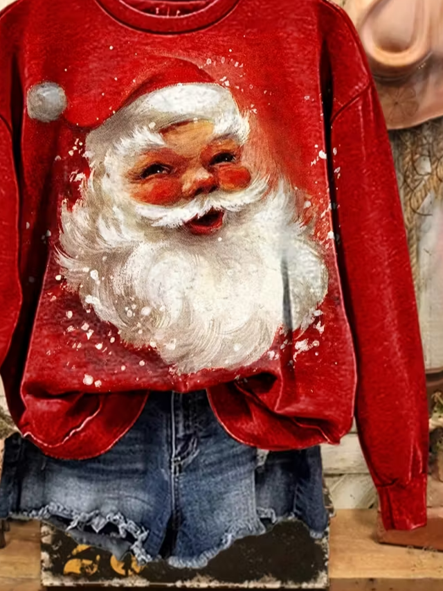 Casual Crew Neck Santa Claus Sweatshirt Printing