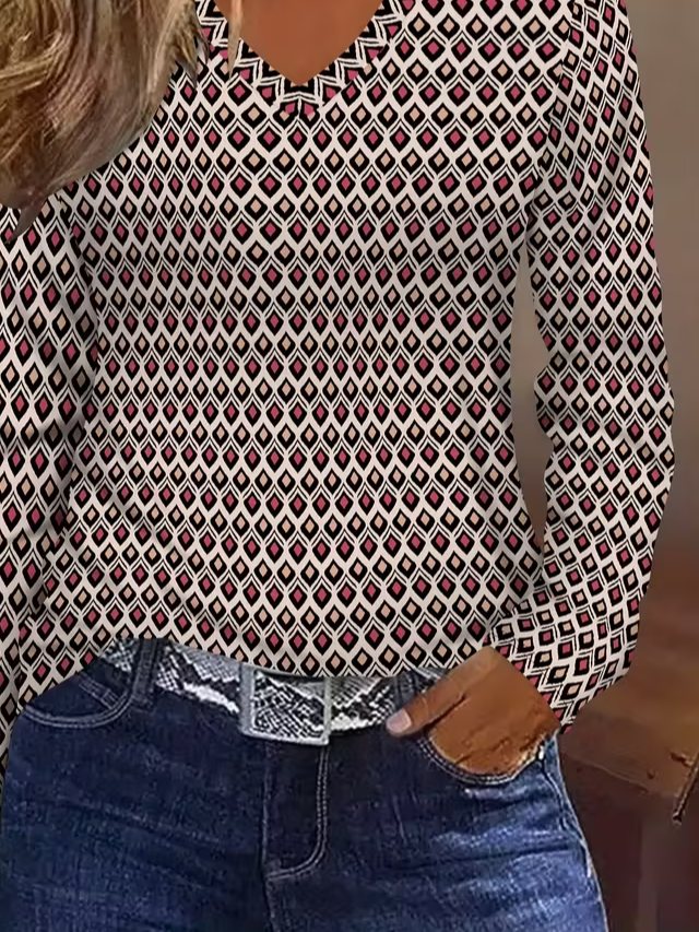 Casual Abstract V Neck Long Sleeve T-shirt
