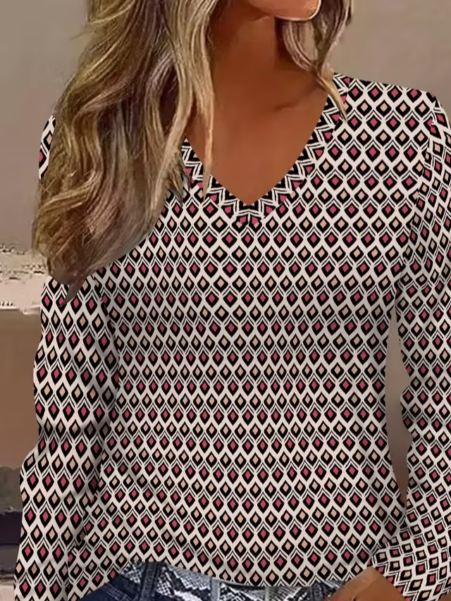 Casual Abstract V Neck Long Sleeve T-shirt