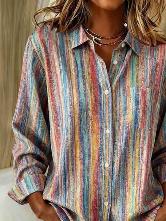 Shirt Collar Regular Sleeve Long Sleeve Striped Buckle Regular Loose Button Up Shirt Shirt For Women