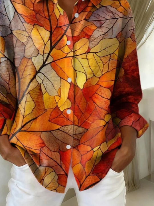 Shirt Collar Regular Sleeve Long Sleeve Maple Leaf Buckle Regular Loose Button Up Shirt Shirt For Women